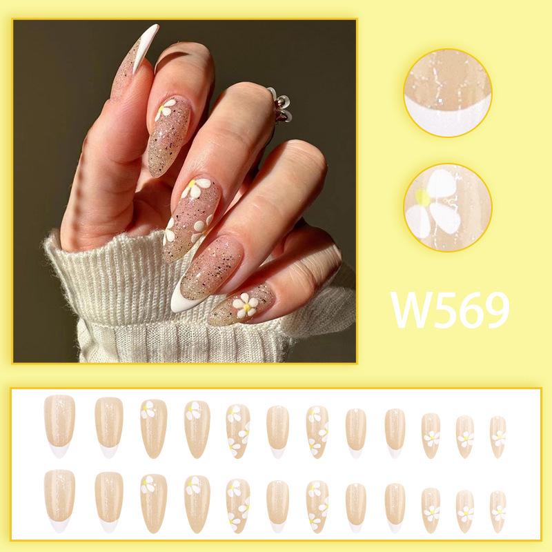 New French Floral Sparkle Press-on Nails - Gentle European & American Style