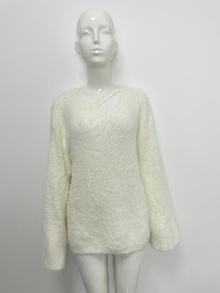 2025 Hollow V-Neck Faux Mink Velvet Sweater: Soft Knit Women's Solid Color Top