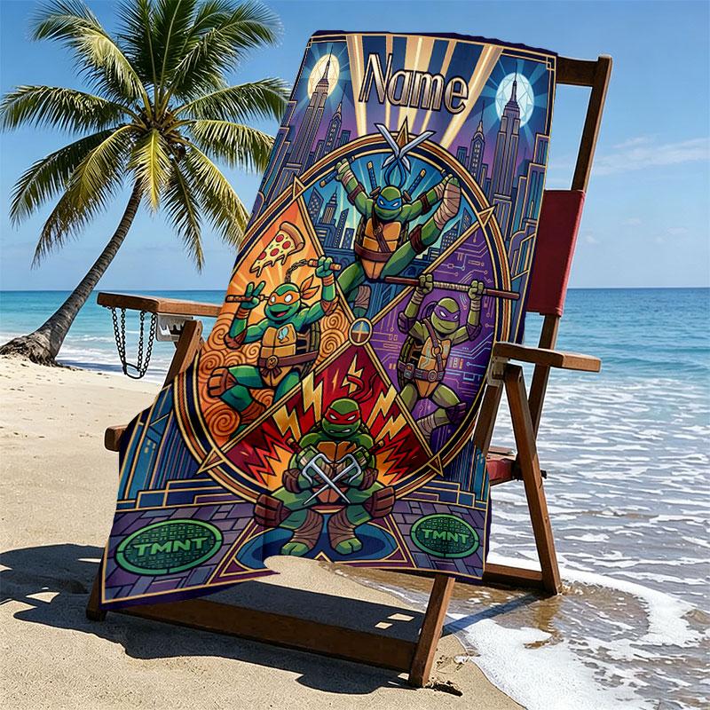 Custom Name Personalized Teenage Ninja Turtles Print Beach Towel, for Trip Camping Beach Party Home Decor, Birthday Gift for Family & Friends
