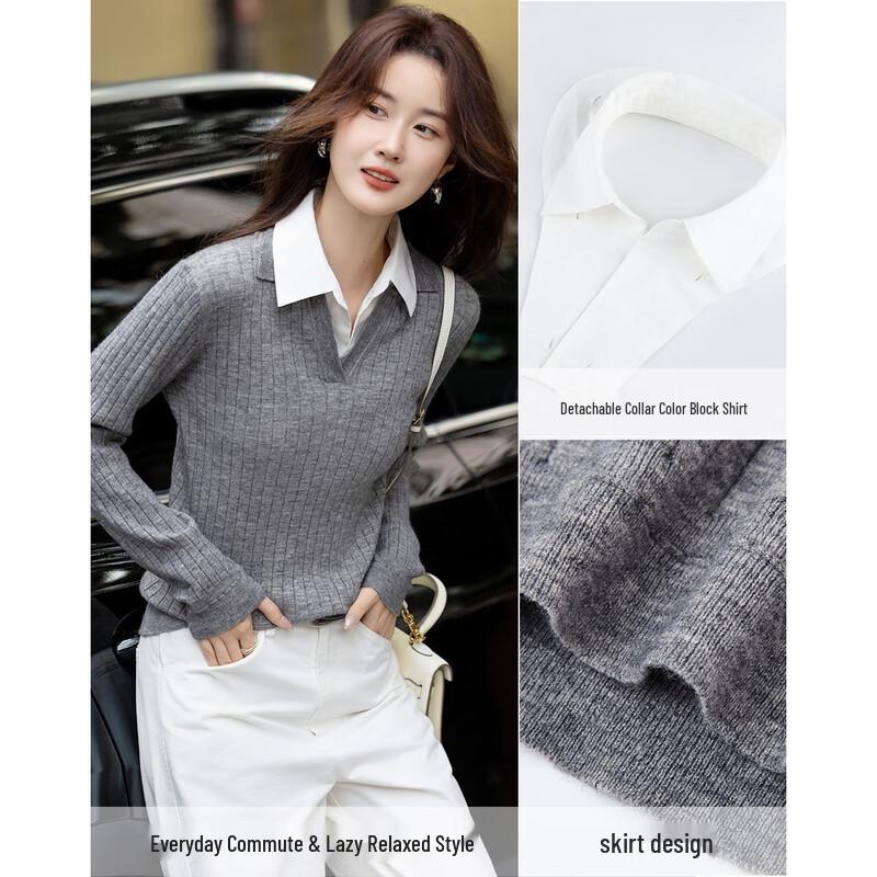Demana Fall Faux Two-Piece Spliced Knit Top with Detachable V-Neck