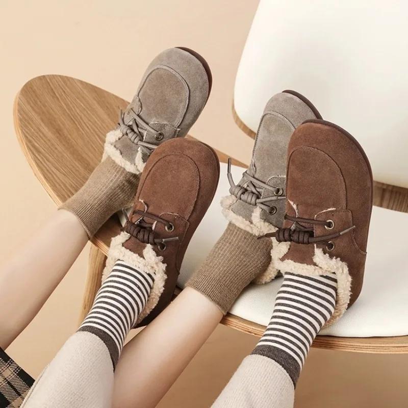 Winter Shoes Women Round Toe Flats Female Footwear Loafers Fur Casual Sneaker Autumn Lace Up Dress Moccasin Suede Cotton Shoes
