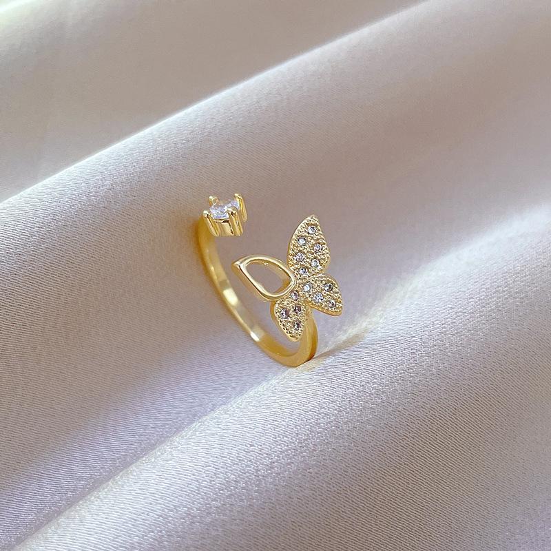 Real Gold Empty Butterfly Full Diamond Ring Opening Adjustable Simple Jewelry Japanese Ring Couple Ring