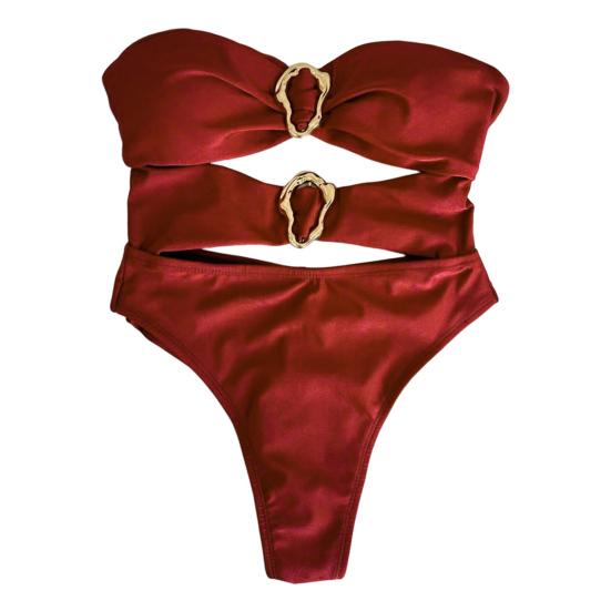 

Сексуальный монокини с открытыми плечами, бандо, ажурный дизайн, однотонный слитный купальник с неровными металлическими кольцами, одежда для отпуска S красный