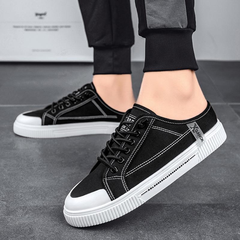 2025 New Fashionable Black Canvas Shoes Classic Versatile Flat Half Slippers Comfortable and Breathable Sneakers for Lazy Men