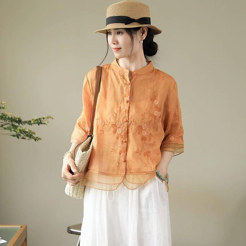 Summer literary and retro embroidered cotton and linen top seven-quarter sleeve ethnic style splicing shirt women's temperament