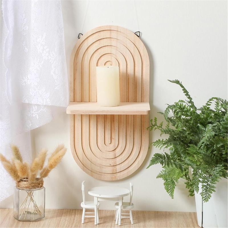 2Pcs Oval Shape Wood Wall Shelf Bohemian Floating Shelves Arched Plant Display Rack for Living Room Bedroom Decoration