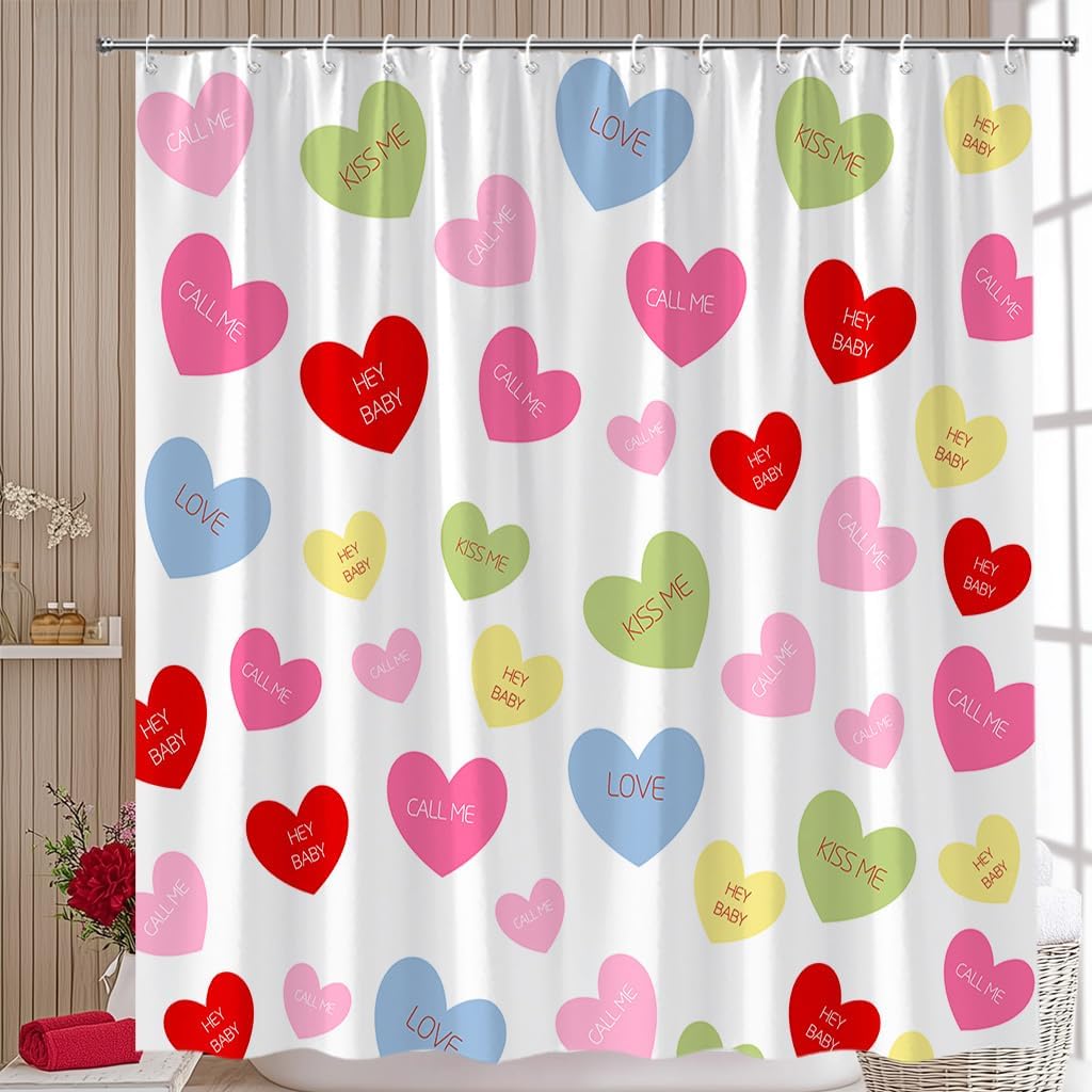 Valentines Shower Curtain Colorful Heart Love Sweet Romantic Couple Valentine's Theme Fabric Bathroom Curtain Set with Hooks