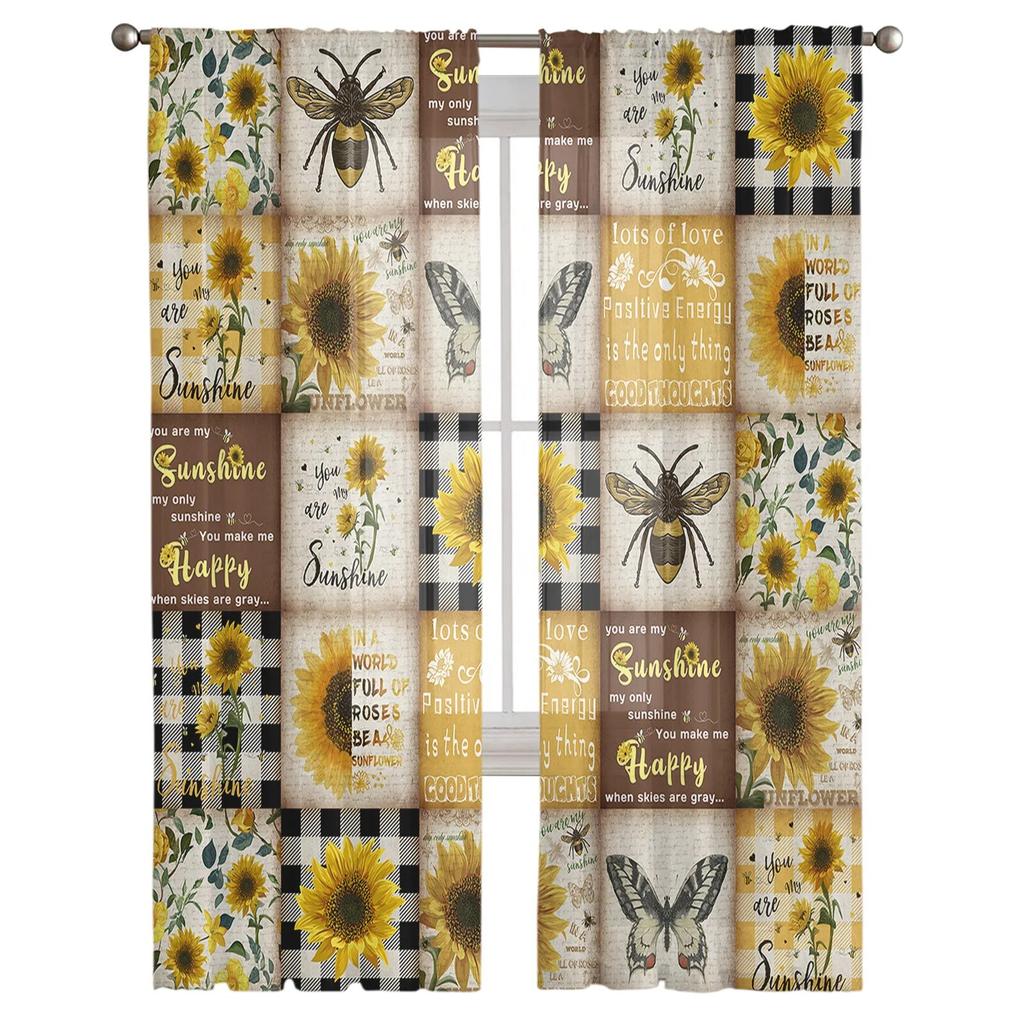 Sunflower Retro Rustic Sheer Curtain for Living Room Hall Wall Dress Up Home Window Supplies Pop Print Tulle Curtains
