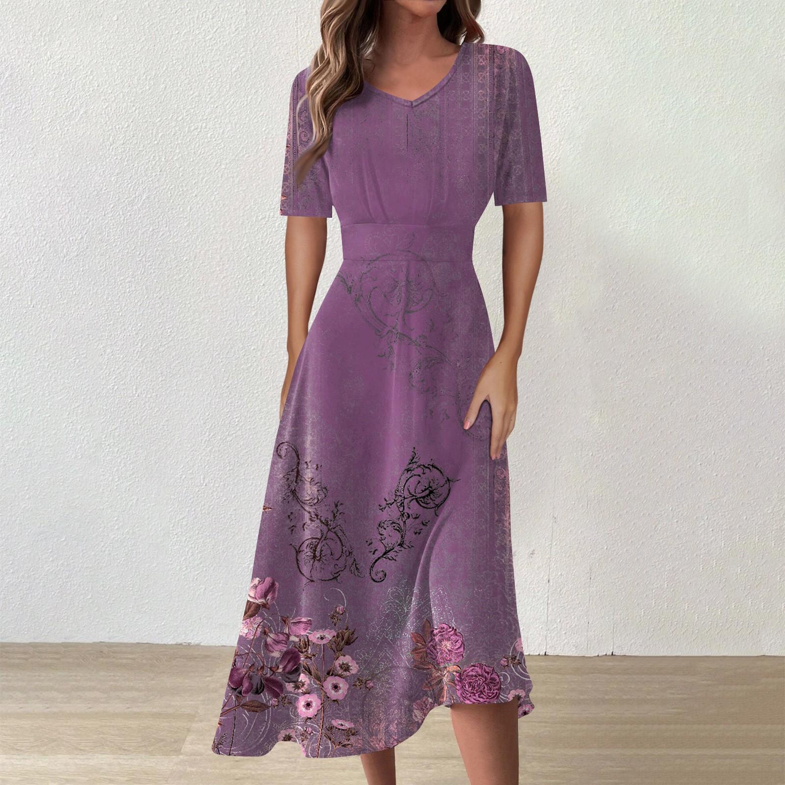 

Женское повседневное модное длинное свободное платье с v-образным вырезом и коротким рукавом на талии с цветочным принтом S фиолетовый