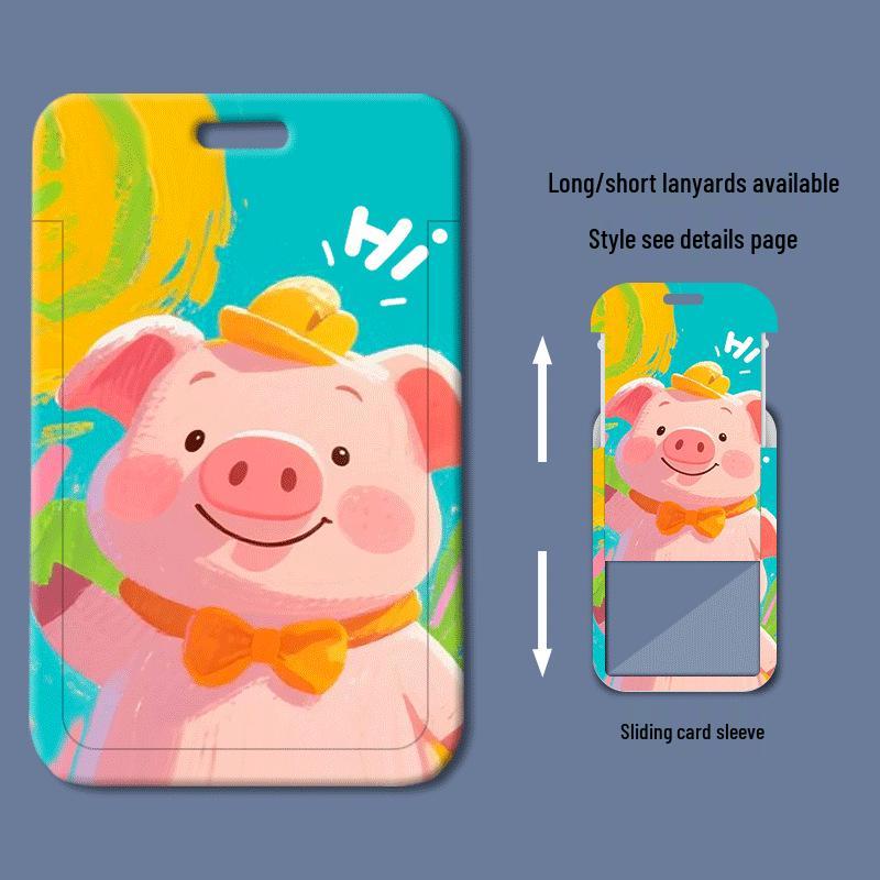 Pink Pig Cartoon Sliding Cover ID Badge Holder