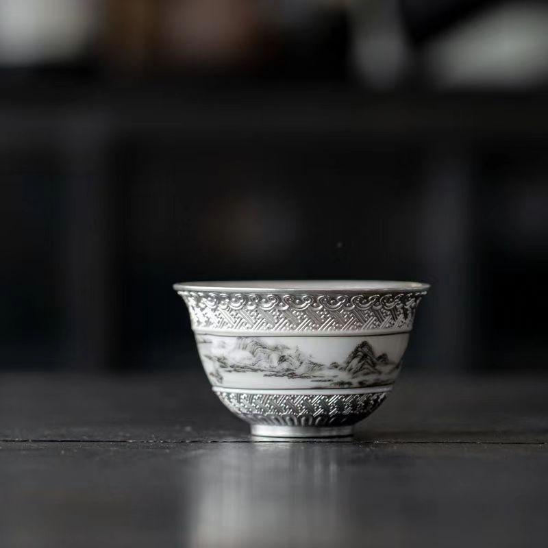Master Cup Exquisite Sterling Silver lver Landscape Master Cup Ceramic Chinese Household Teacup Tea Cup Tea Set