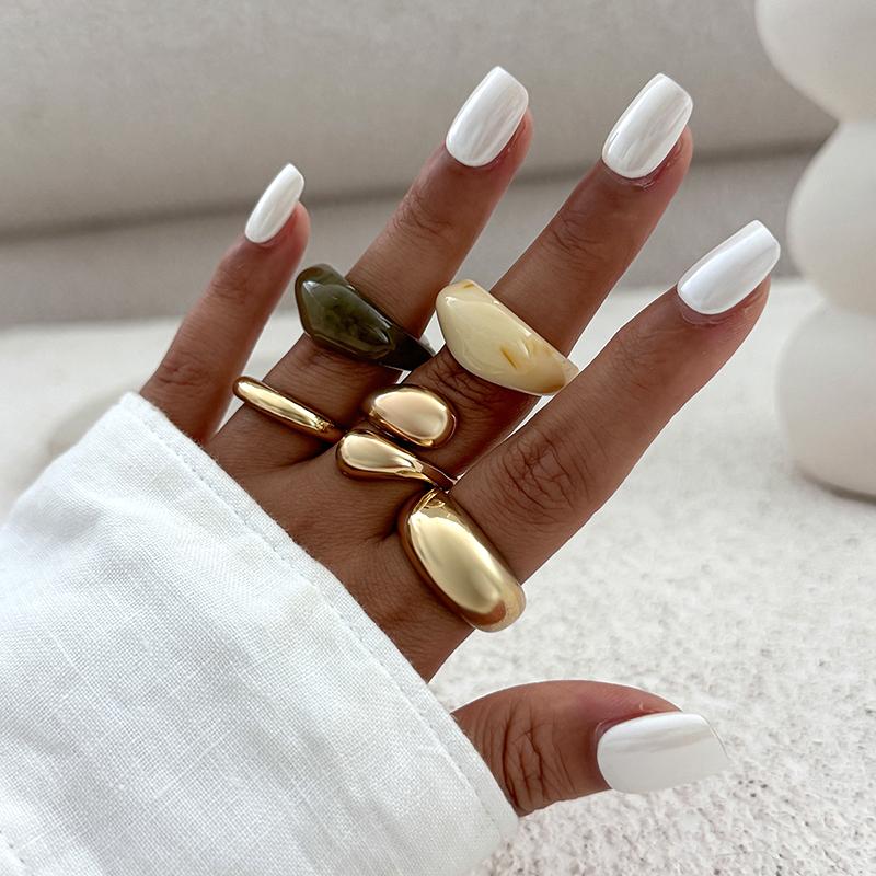 5Pcs/Set Resin Metal Smooth Opened Rings For Women Fashion Punk Simple Personality Finger Ring Party Jewelry Gold Silver Color