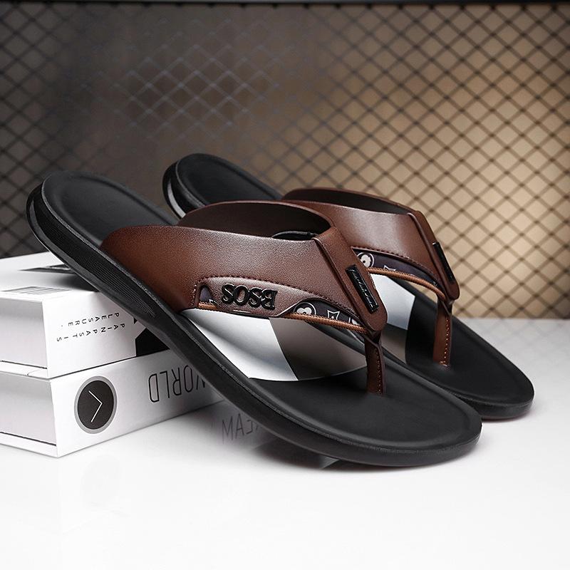 

Тапочки мужские модные 2025 лето новая мода нескользящие кожаные молодежные тапочки мужские универсальные мягкие подошвы елочка 38 коричневый