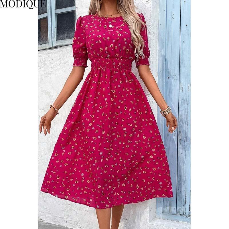 MODIQUE 2025 Yaz Yeni Kadın Zarif Çiçek Desenli Kabarık Kollu Lastikli Bel Uzun Elbise Bayan Günlük A-Kesim O Yaka Elbise
