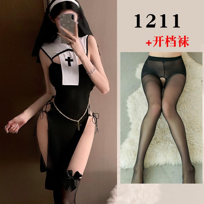 Sexy Summer High Slit Cheongsam Nun Dress Role-playing Uniform Dress Elegant Tank Mini Dress Sweet SM Exotic Women Dress 3XPC