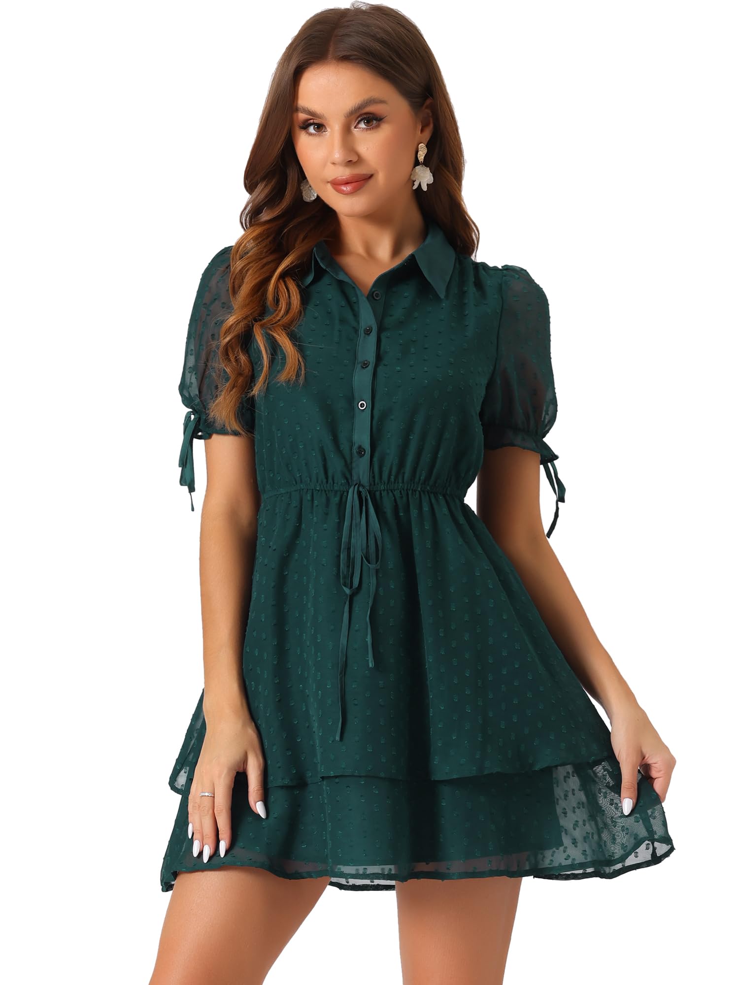 

Женское шифоновое многоярусное платье Allegra K с цветочным принтом, короткими рукавами, повседневное, темно-зеленое, размер M