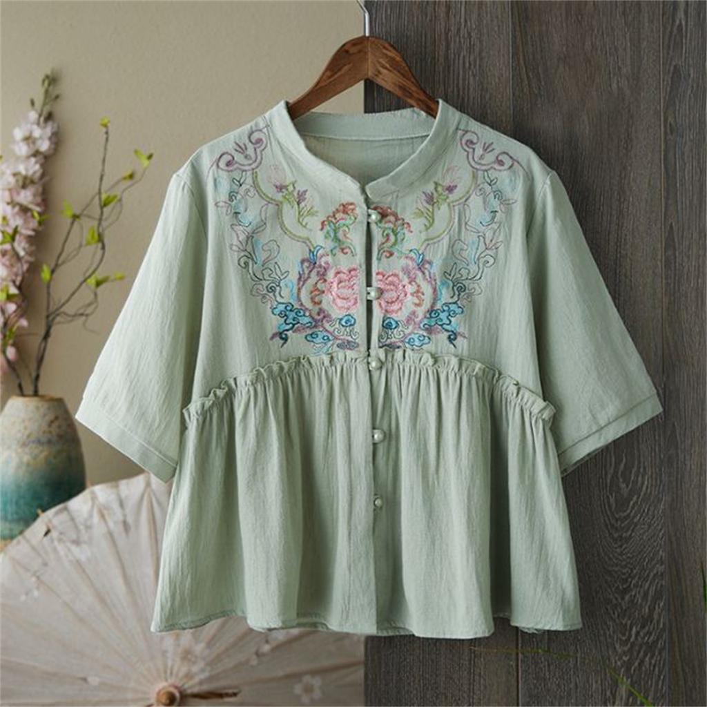 Women's Vintage Inspired Loose Fit Mid Sleeve Cotton Linen Blend Embroidered Button Front Cardigan