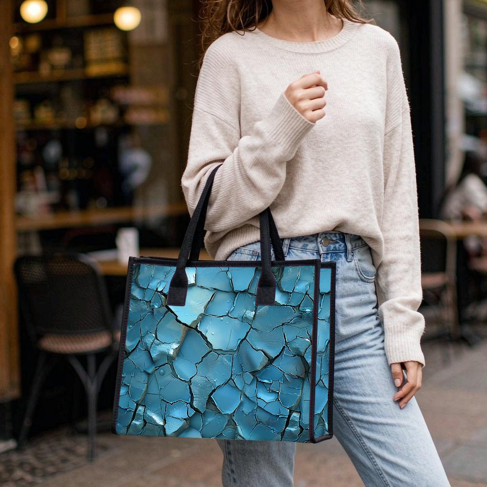 Blue Cracked Pattern Tote Bag Casual Large Capacity Daily Shoulder Handbag
