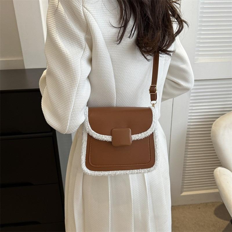 Bag Women's Autumn and Winter New Plush Splicing Messenger Bag Simple Commuting Temperament Versatile Shoulder Small Square Bag