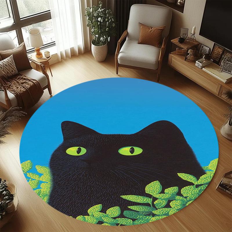 

Black Cat Round Area Rug with Green Leaves Gradient Sky Print Soft Non Slip Floor Mat for Living Room Bedroom Home Decor 80cm x 80cm