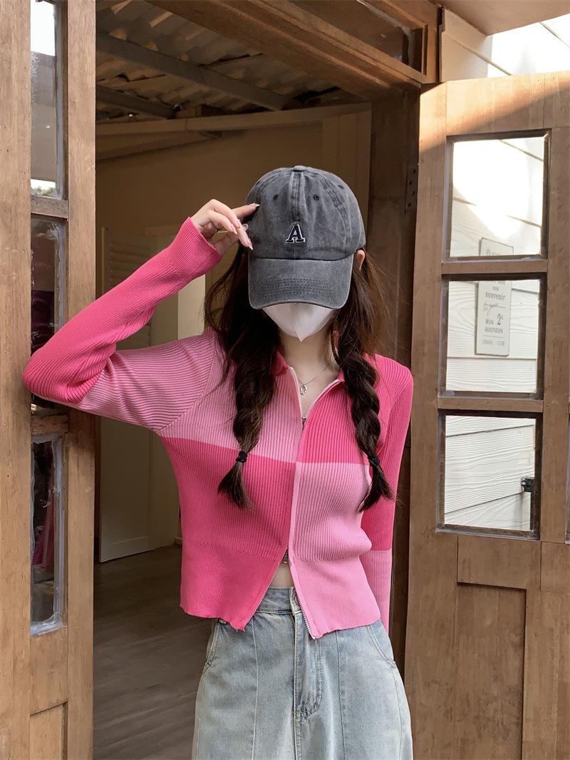 Контрастный цветной вязаный свитер женский осень 2025 осень новый двойная молния сладкий и дерзкий короткий кардиган one size fits all