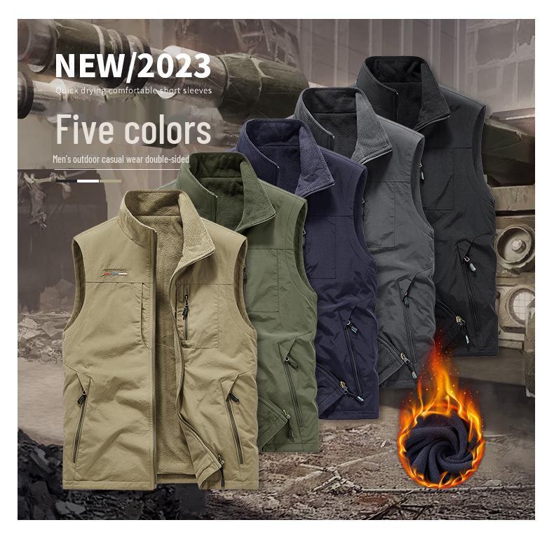 Pánská podzimní/zimní oboustranná vesta: Venkovní stojací obojek pro rybaření, fotografování a další (Model 1906)