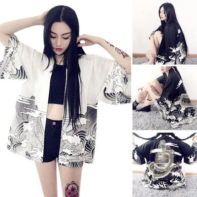 Vintage Women Harajuku Style i Back Dragon Printing Bluzki Japoński pomysł na projekt kimono