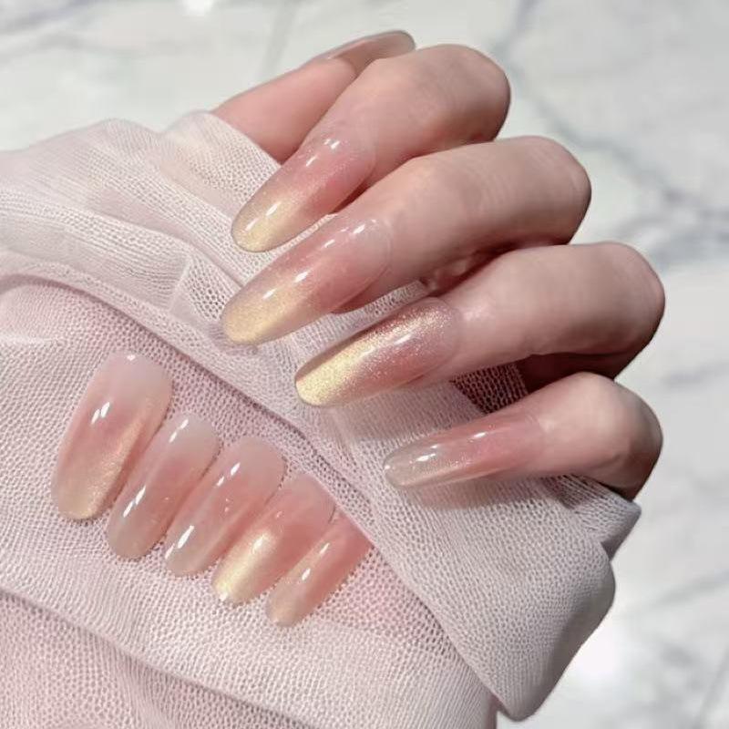 Peach Gradient Cat Eye Nails - Champagne Gold Sand False Nails