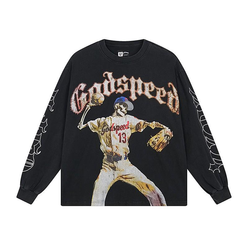 Mens Oversized Cotton Long Sleeve Tee With Skull Graphic Print Streetwear Rock Band Style Loose Fit Teens Adults