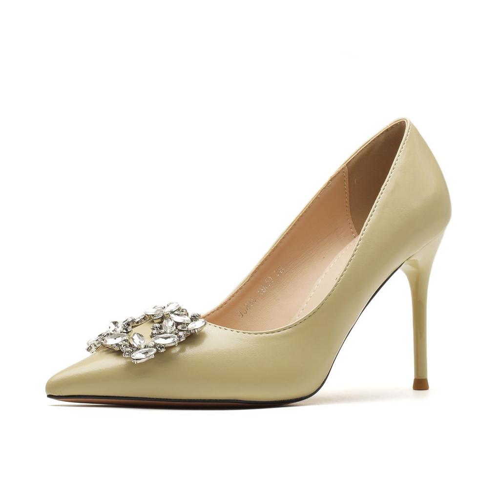 Rhinestone square buckle applique stiletto high heels daily simple and versatile
