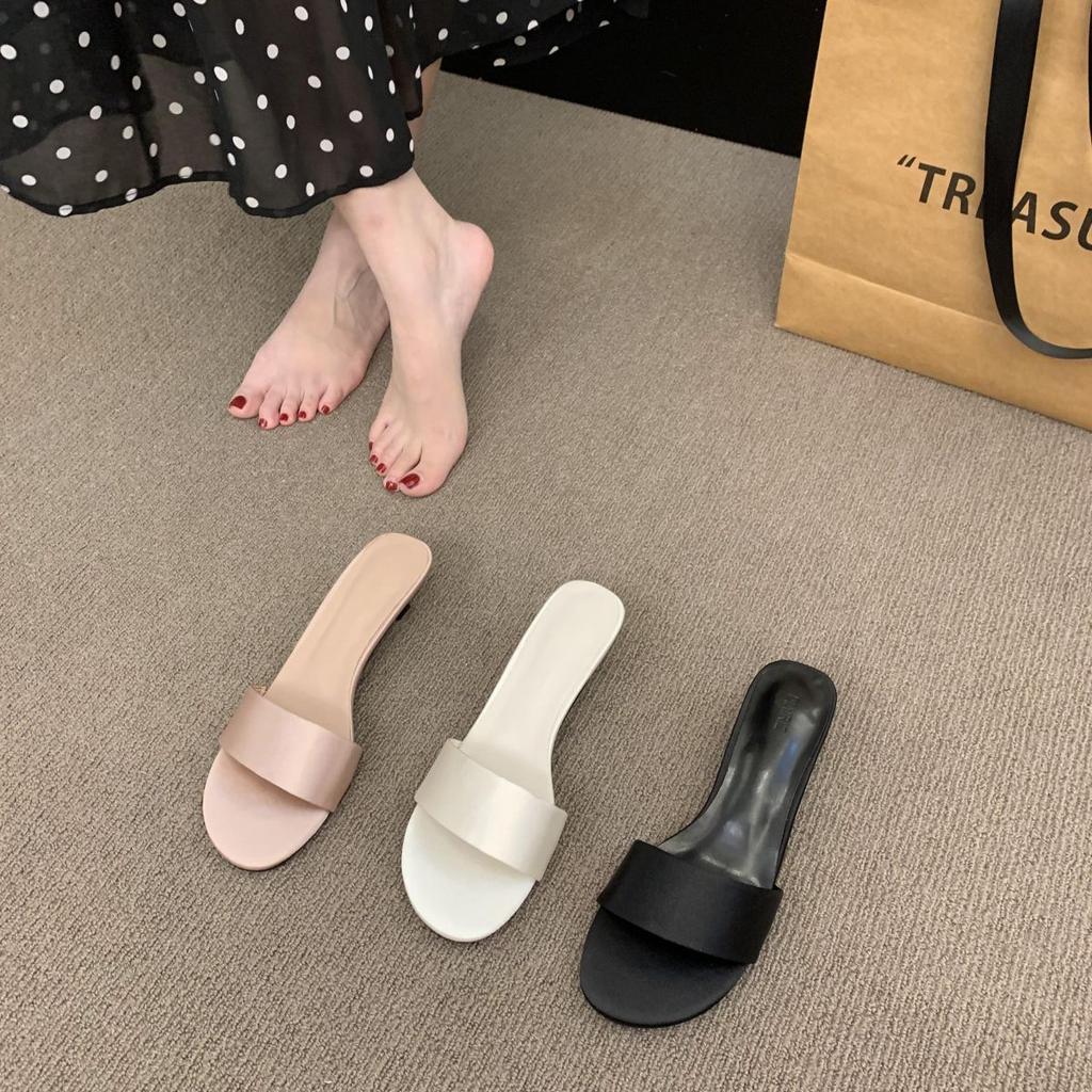 Simple and High-end Satin One-word Cat and Slippers Outer Wear Women's 2025 Summer New Open-toed Stiletto Mid-heeled Sandals