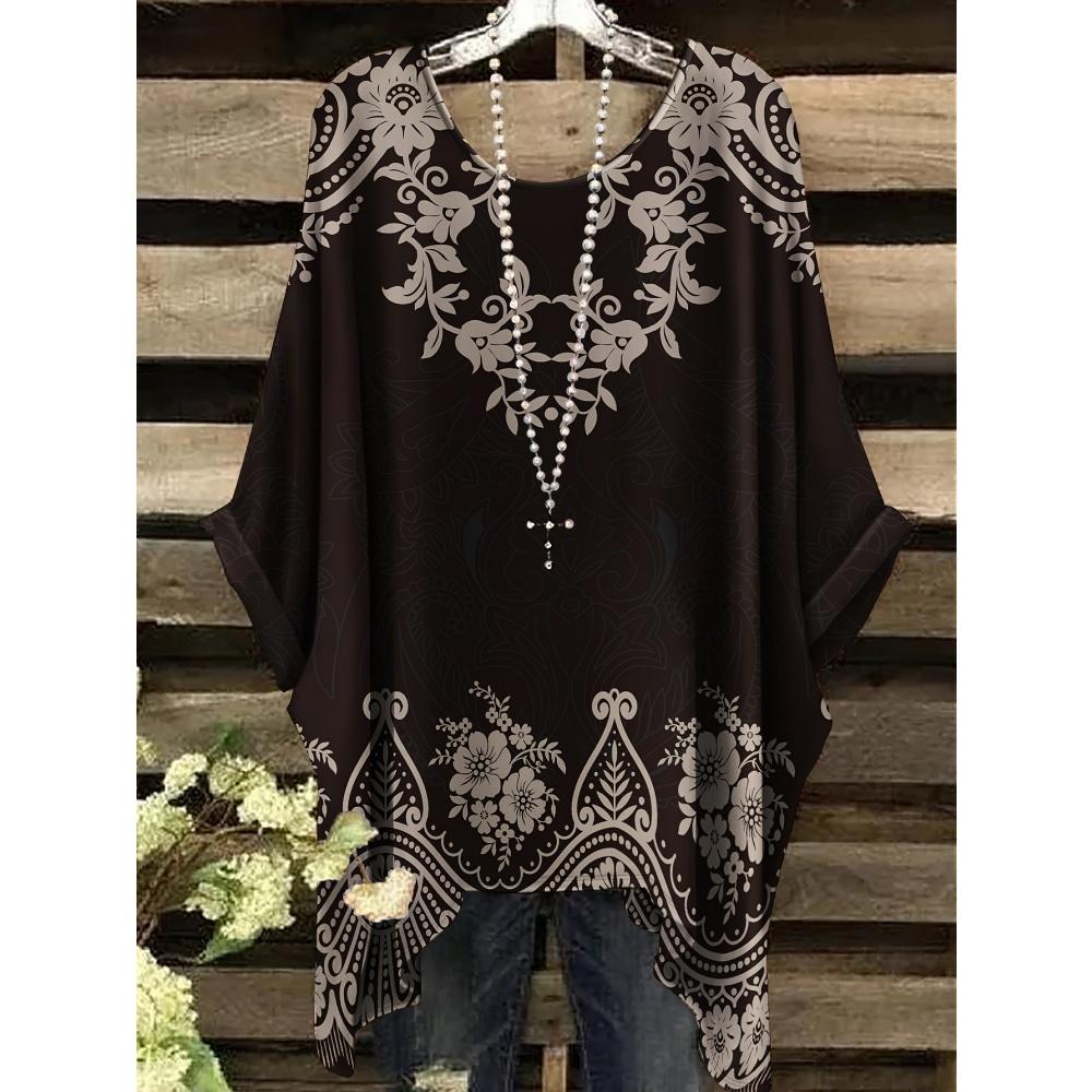 Women T-Shirts Bohemian Vacation Simple Pattern Print Tops Irregular Hemp Round Neck Fashion Versatile Short Sleeve Y2k Clothes