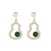 High-End Chinese Style Green Jade Gourd Large Stud Earrings with Pearls
