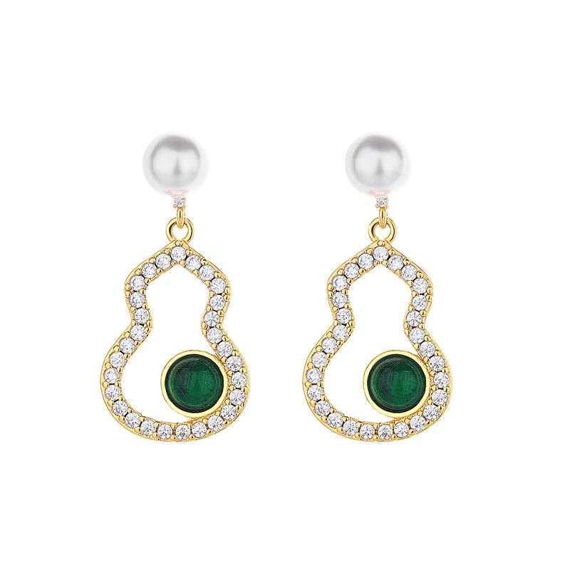High-End Chinese Style Green Jade Gourd Large Stud Earrings with Pearls