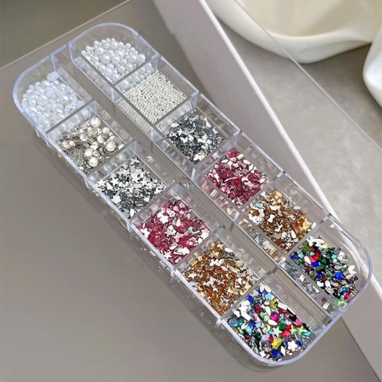 1 Set 3D Nail Art Grids Rhinestone Faux Charm 12 Pearl Bow Rose Flower Nail Design
