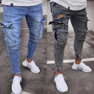 Trendy Men's Elastic Skinny Jeans with Knee Rips and Zipper