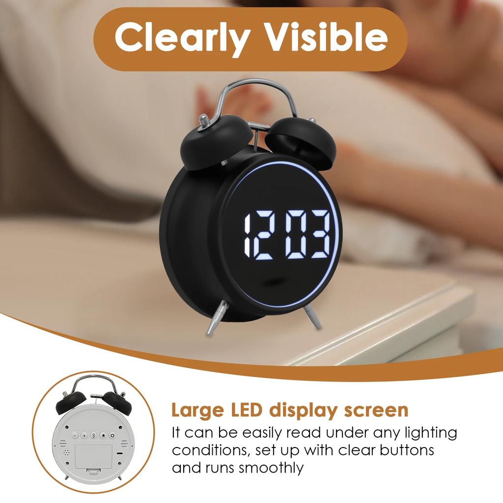 Digital Alarm Clock Metal Double Bell Bedside Alarm with LED Display Silent Table Clock for Heavy Sleepers Adults Kids Xmas Gift