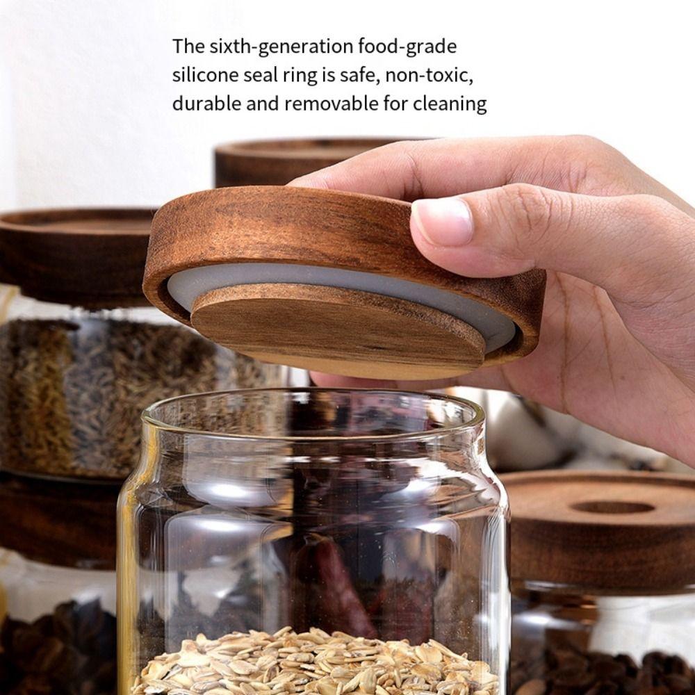 Wooden Lid Airtight Canisters Clear Kitchen Container Multi-Use Tea Storage Holder  Sugar