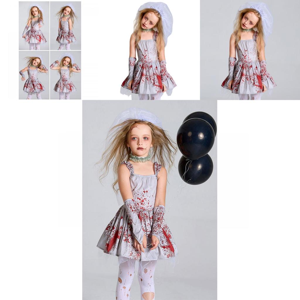 Women's Halloween Ghost Bride Costume Scary Gray Bloodstained Dress For Costume Parties And Cosplay