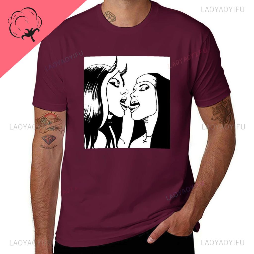Sexy Bad Nun Lesbian Kiss Nun Bondage Satanic BDSM Cotton TShirt Funny Customs Harajuku Shortsleev Graphic Printed Tshirt