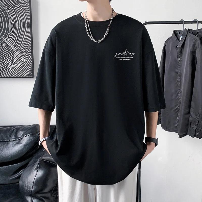 

Summer Print Short Sleeve T-shirt Men s Cotton Loose Oversize Box Long Tee Sports Round Neck Top New Fashion Men Clothing 4XL