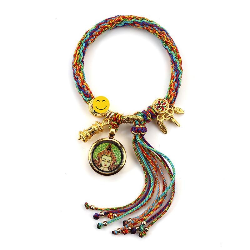 Woven Zhakiram Five Wealth Gods Eye Bracelet with Green Tara and Manjushri Thangka Design