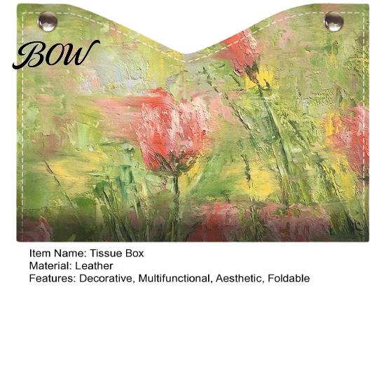 Car Tissue Dispenser Leather Box Cover with Oil Painting Pattern, Foldable Desktop Organizer, Napkin Holder Portable Organizer Case, Facial