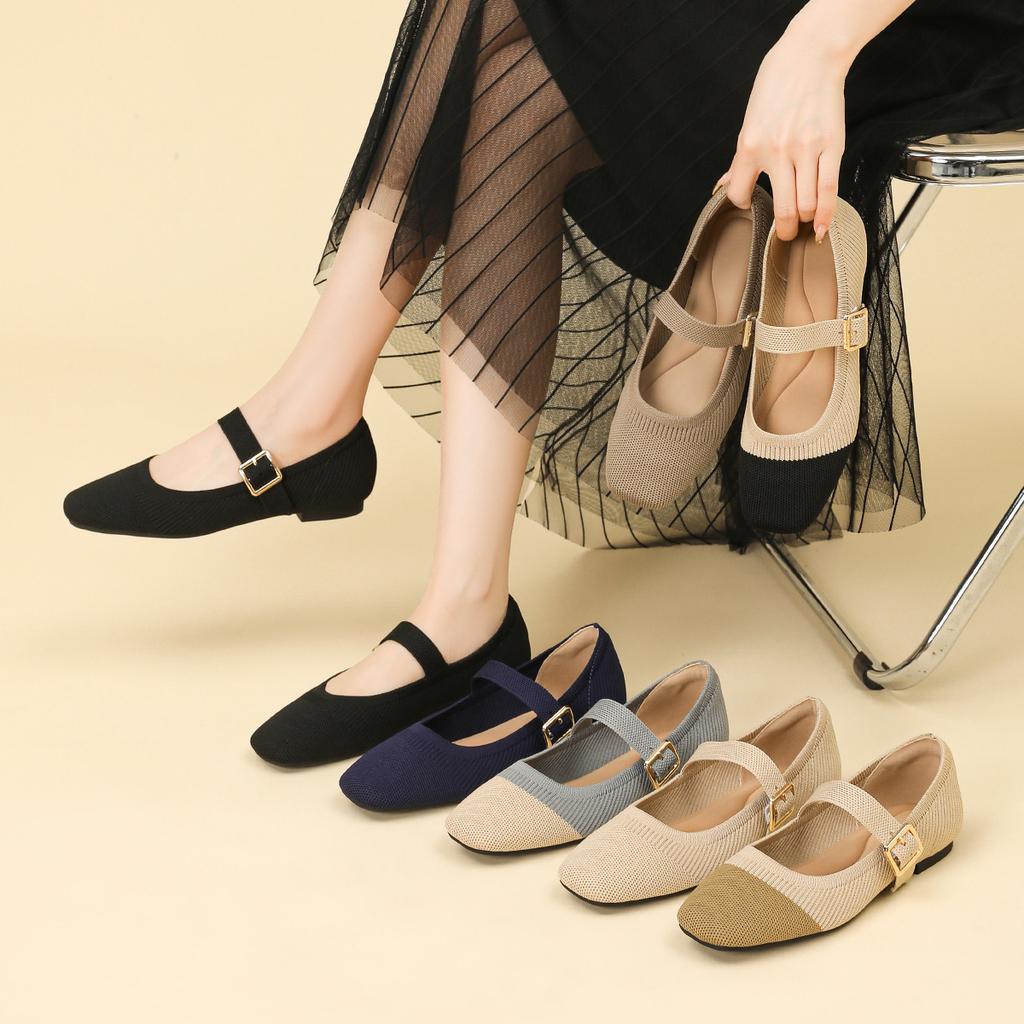 Fashion square toe mixed color knitted flats women ankle strap mary janes shoes spring summer weaving moccasins for woman cozy loafers