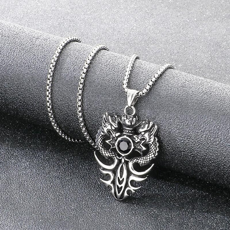 

Vintage Double Dragon Pendant Necklace for Men Stainless Steel Punk Gothic Necklace with Red/Black Zircon Retro Hip-hop Wearing 60cm чорний