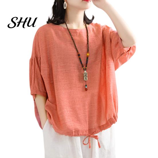 Summer Casual T-shirt Women O-Neck 3/4 Batwing Sleeve Pullover Blouse Tops Solid Color Loose Fit Streetwear Shirt