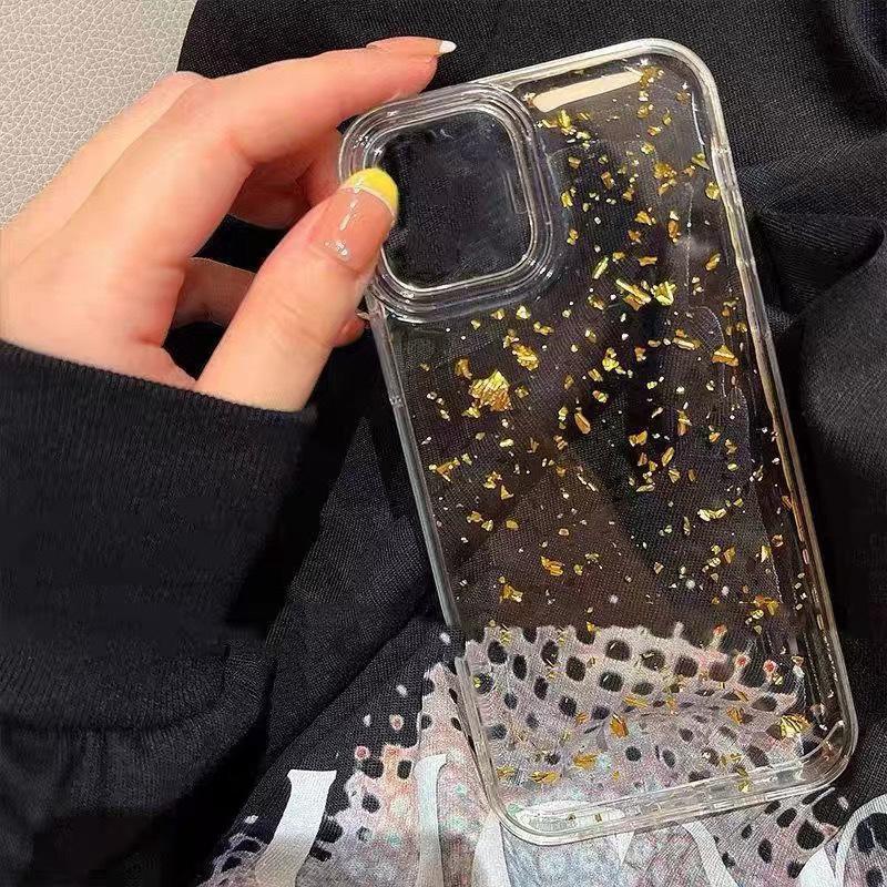 For IPhone17promax Gold Foil Sequin Phone Case for Apple 15plus Transparent Glue 16 Simple and Thin Model