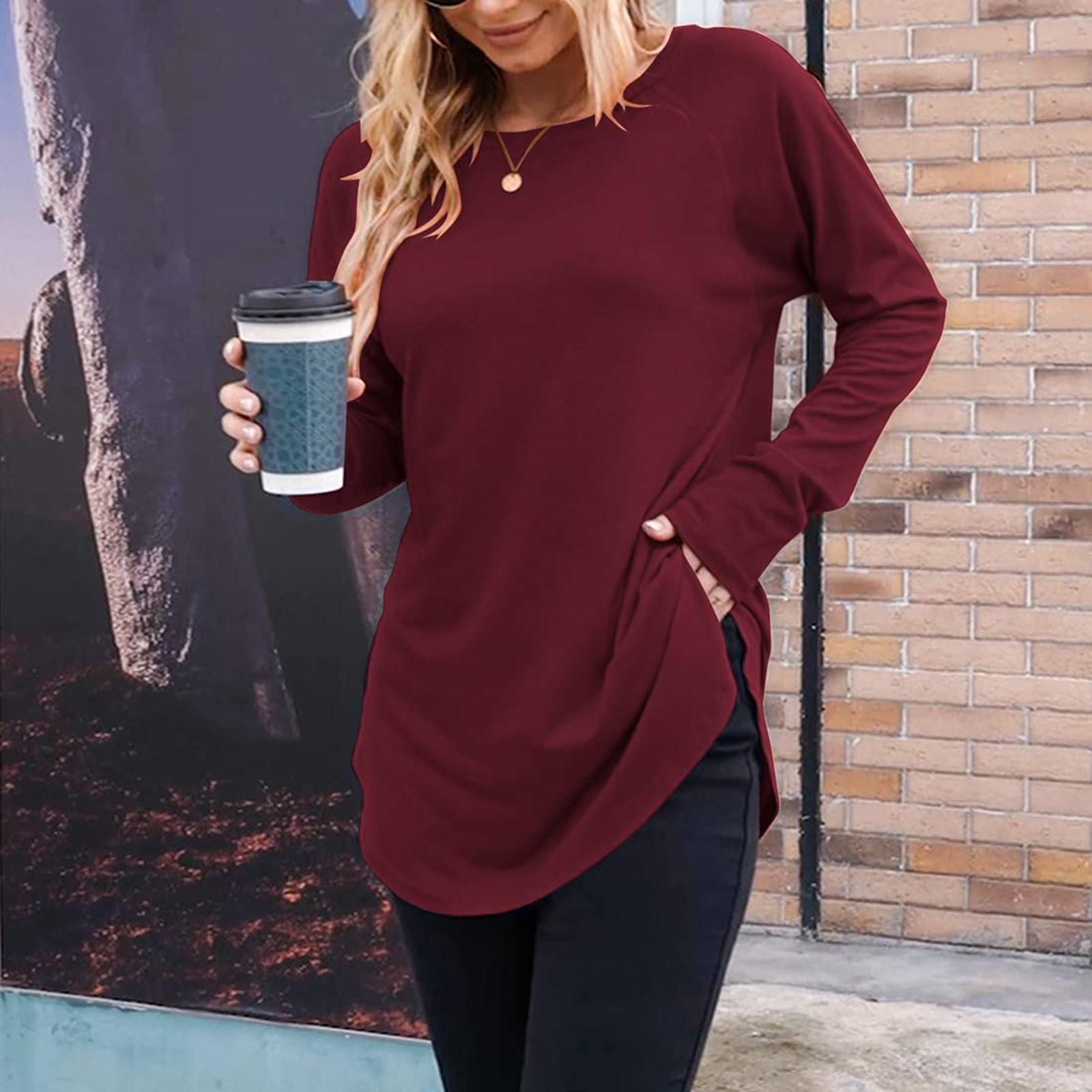 

Женская монохромная рубашка с круглым вырезом и длинными рукавами, облегающая нижняя рубашка, повседневный пуловер, топ XL винный