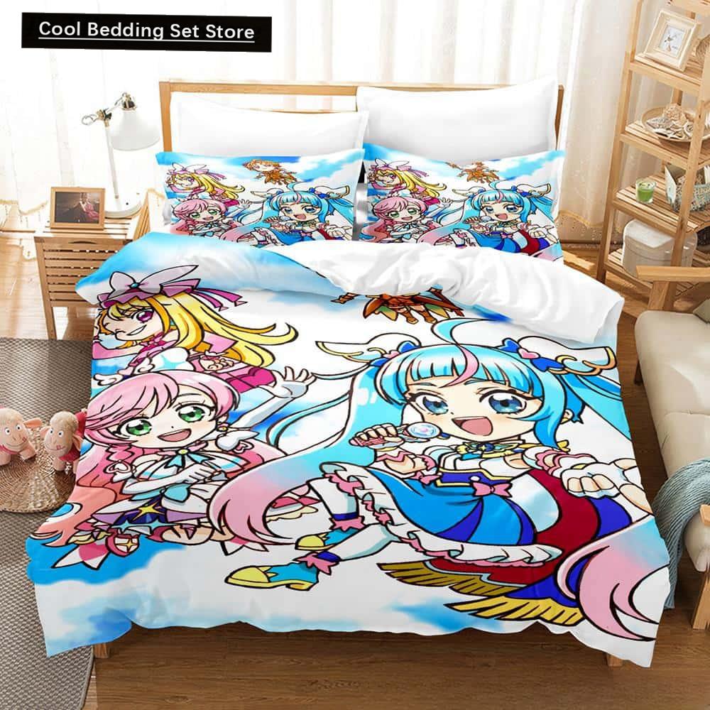 3D Kawaii Anime Hirogaru Sky! Pretty Cure Bettwäsche-Set, Einzelbett, Doppelbett, Queen-Size-Bett, King-Size-Bett, Erwachsenen- und Kinderschlafzimmer, Bettbezug-Sets
