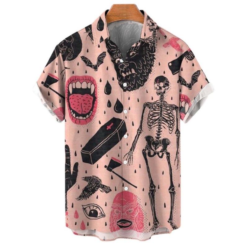 3D Totenkopf Party Hawaiianhemd Herren Lässig Locker Atmungsaktiv Sommer Herren Streetwear Kurzarm Strand EU Größe